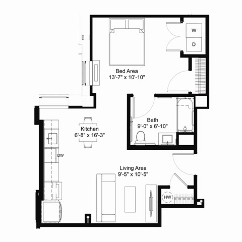 Floor plan for studio, 1 bath, 551 sqft